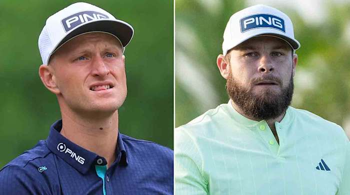 European golfers Adrian Meronk (left) and Tyrrell Hatton